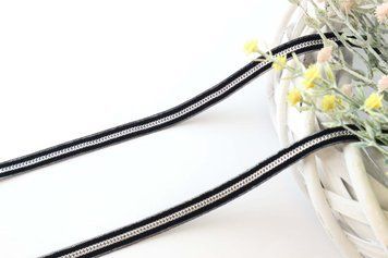 Panglică catifea, lățimea 1cm, culoare negru cu agintiu RB-TR-016 foto